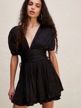 Free People Black Pleated V-Neck Mini Dress